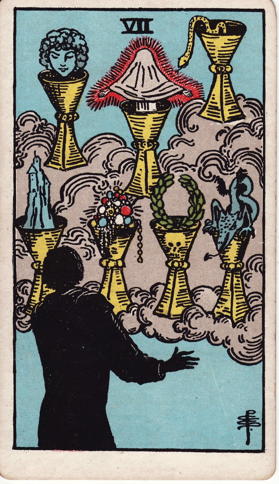 Seven of Cups tarot card - Minor Arcana - options, wishful thinking, illusion