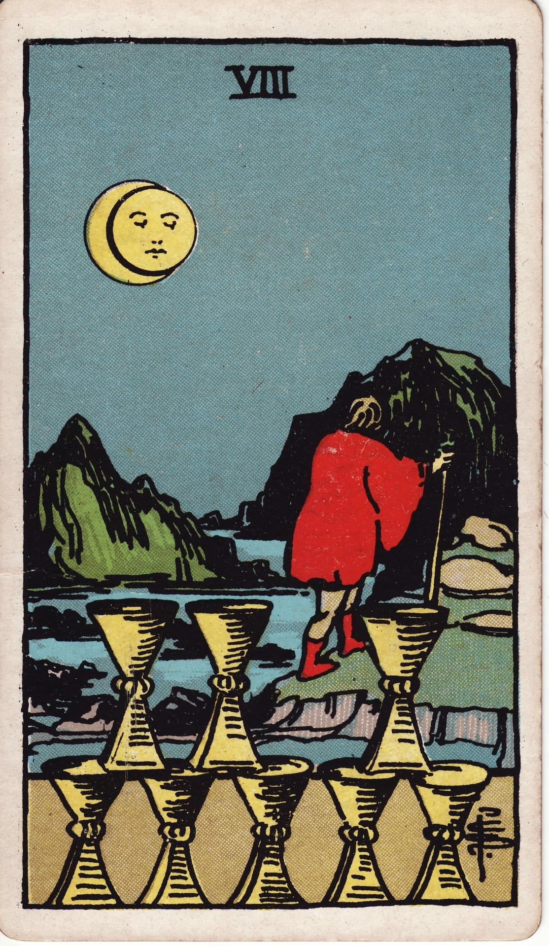 Eight of Cups tarot card - Minor Arcana - disappointment, abandonment, withdrawal