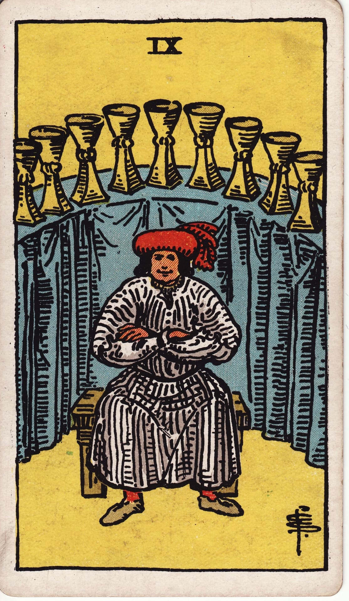 Nine of Cups tarot card - Minor Arcana - contentment, satisfaction, gratitude