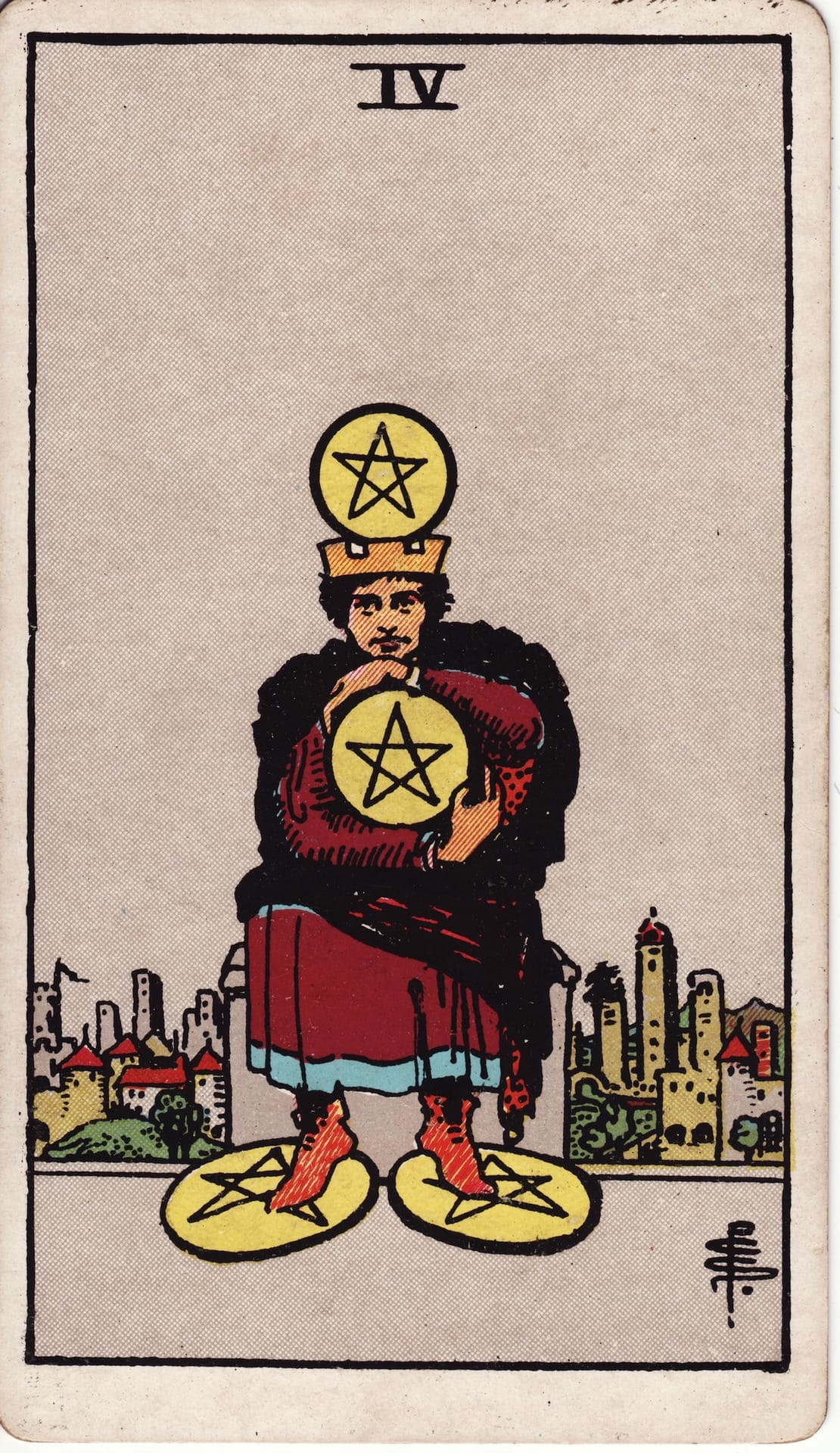 Four of Pentacles tarot card - Minor Arcana - saving money, security, conservatism