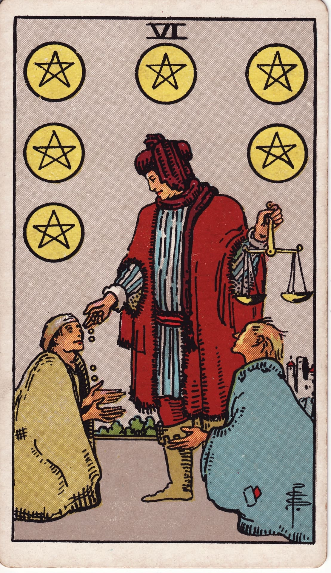 Six of Pentacles tarot card - Minor Arcana - giving, receiving, sharing wealth