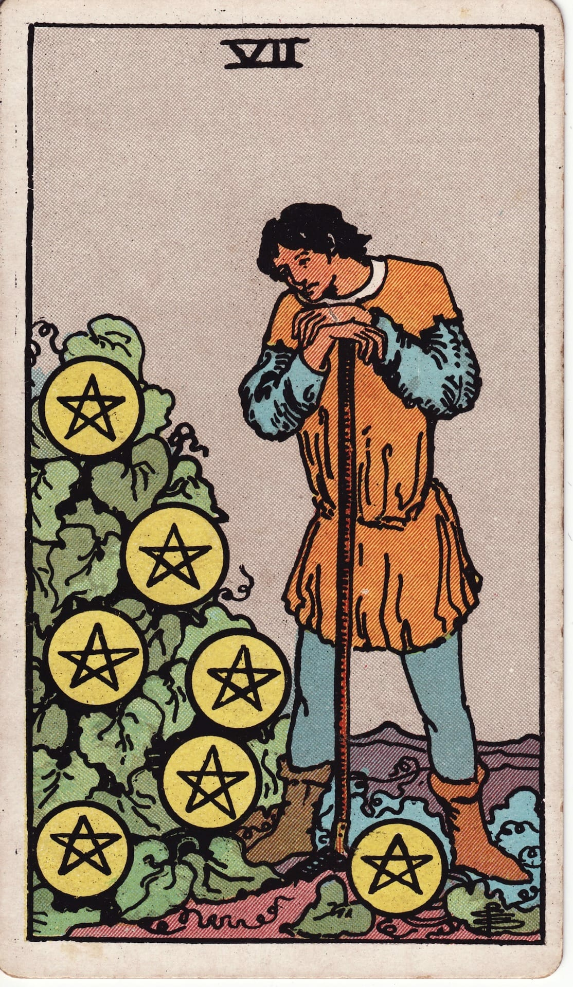 Seven of Pentacles tarot card - Minor Arcana - long-term view, sustainable results, perseverance