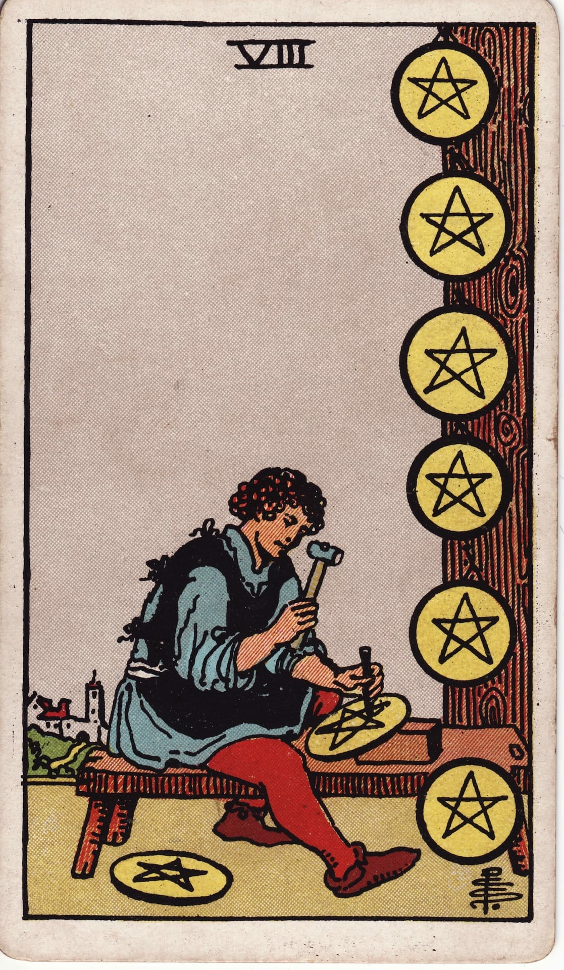 Eight of Pentacles tarot card - Minor Arcana - apprenticeship, repetitive tasks, mastery