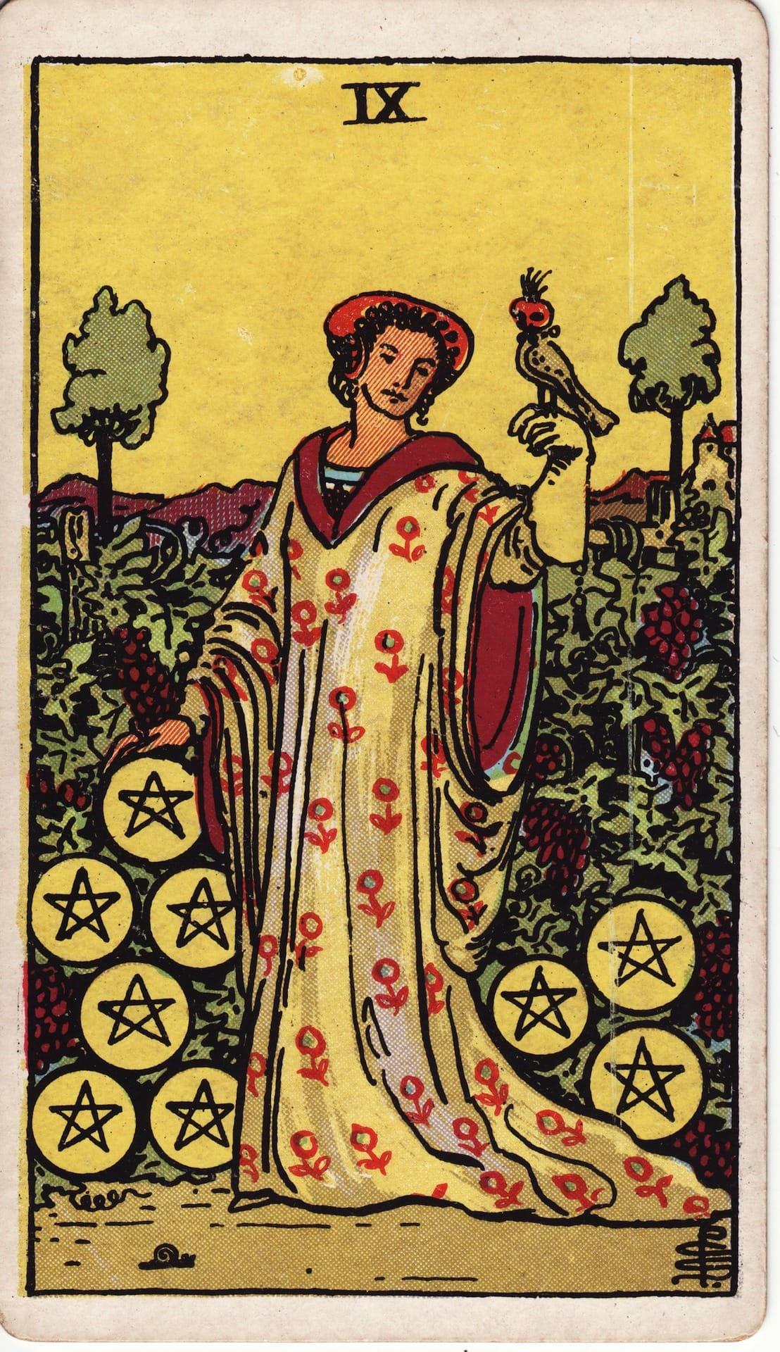 Nine of Pentacles tarot card - Minor Arcana - abundance, luxury, self-sufficiency