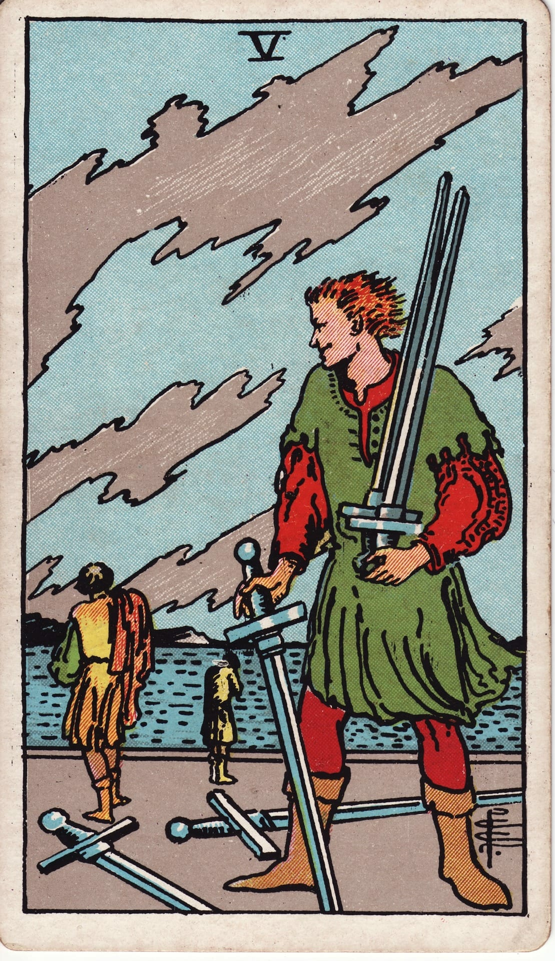 Five of Swords tarot card - Minor Arcana - conflict, defeat, winning at all costs