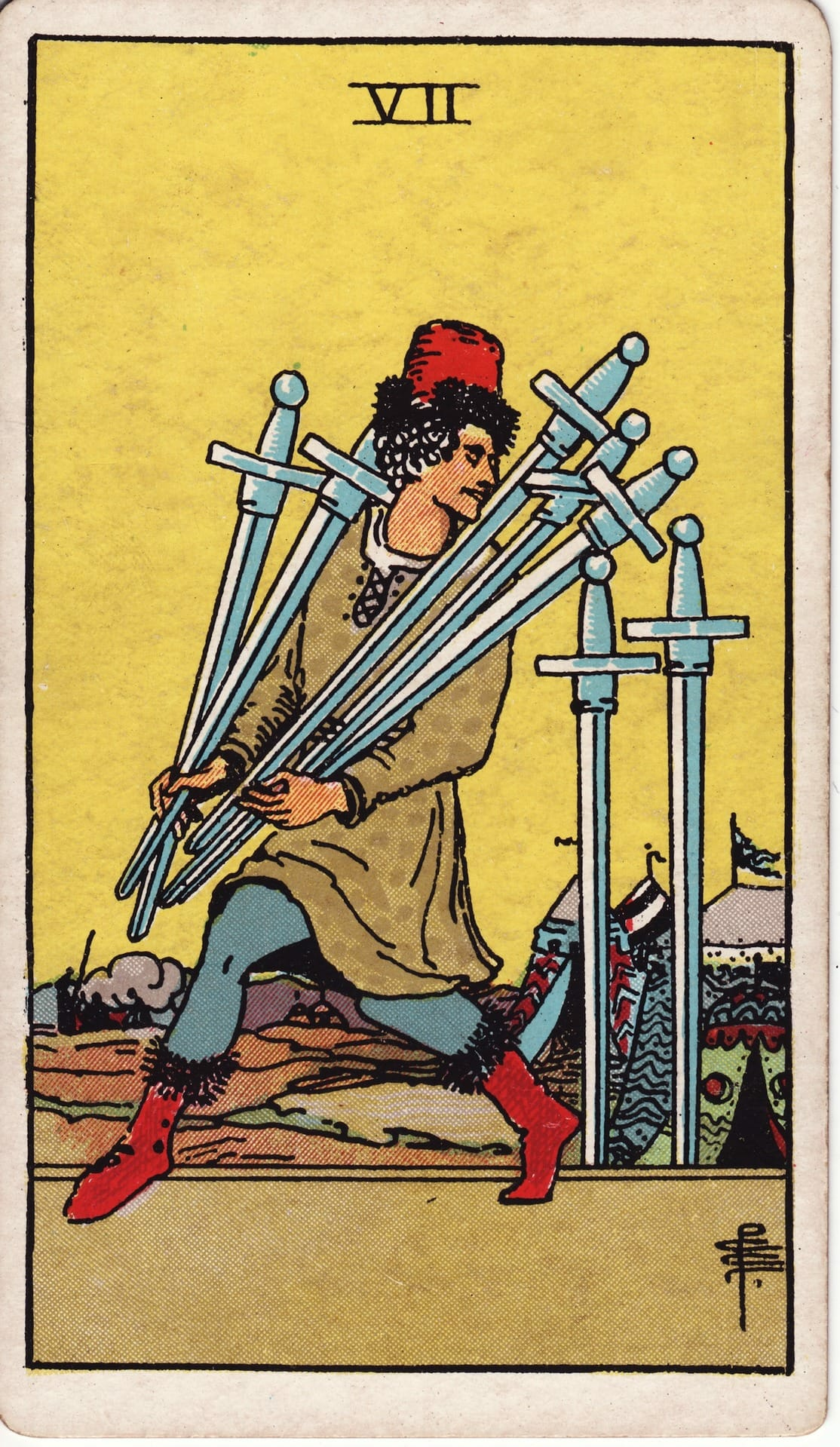 Seven of Swords tarot card - Minor Arcana - deception, getting away with something, acting strategically