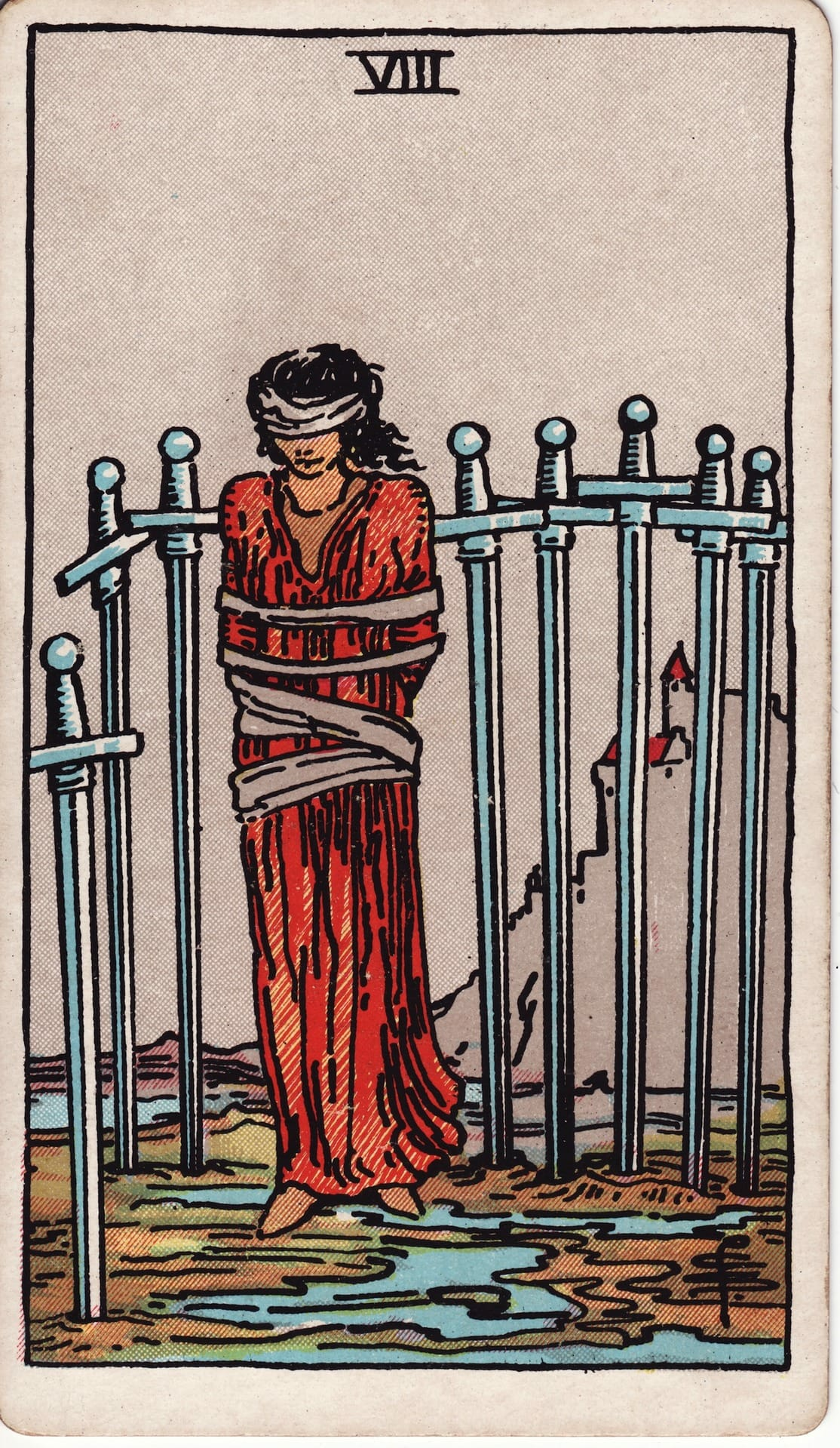 Eight of Swords tarot card - Minor Arcana - restriction, limitation, trapped