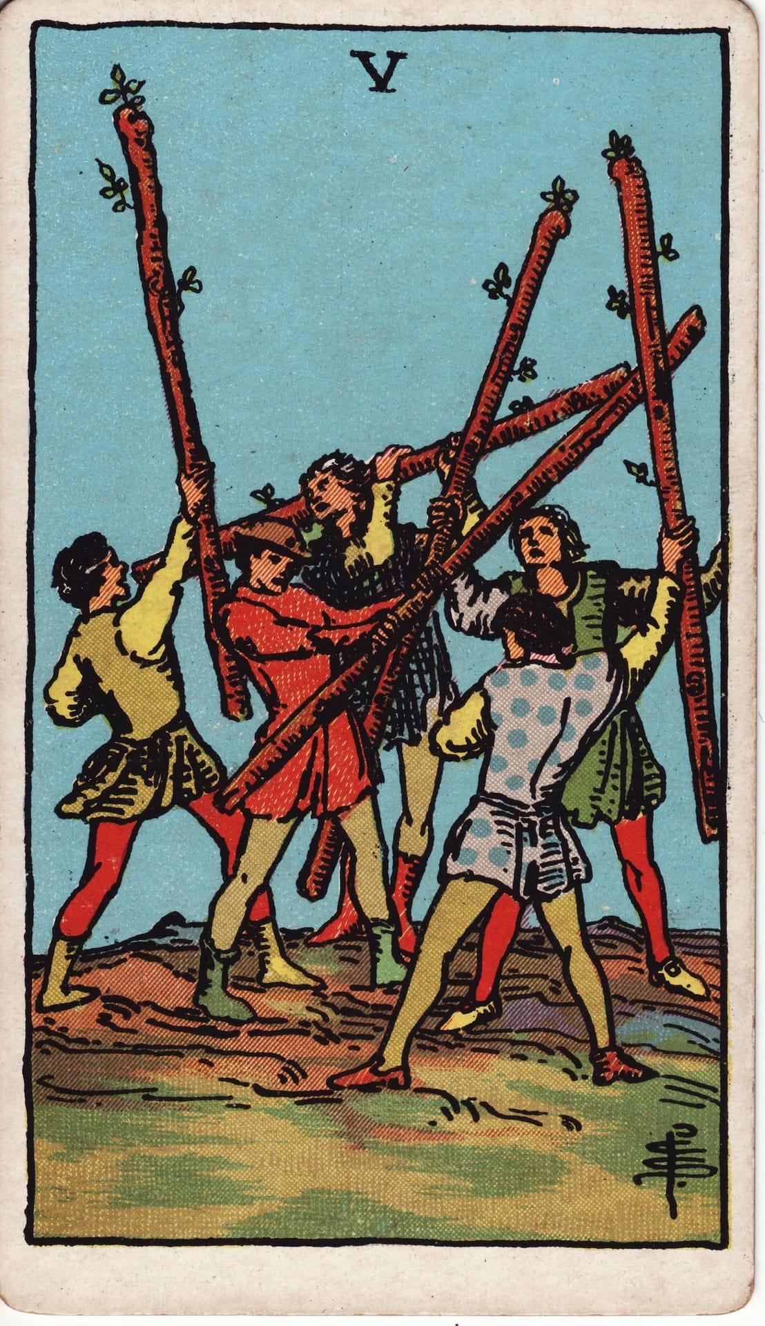 Five of Wands tarot card - Minor Arcana - conflict, disagreements, competition