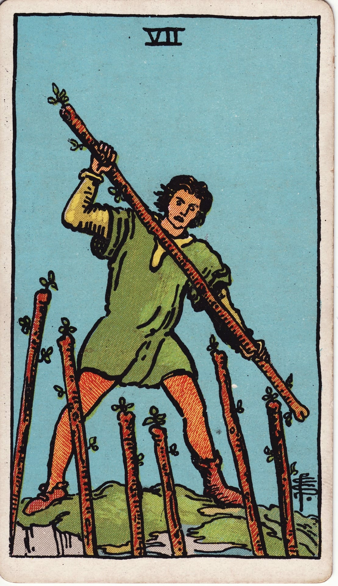 Seven of Wands tarot card - Minor Arcana - challenge, competition, protection
