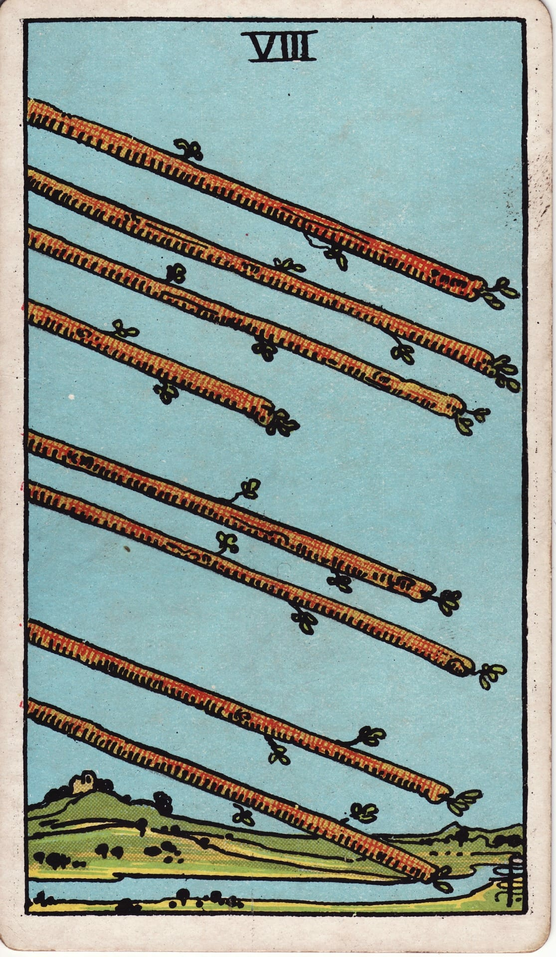 Eight of Wands tarot card - Minor Arcana - movement, fast paced change, action